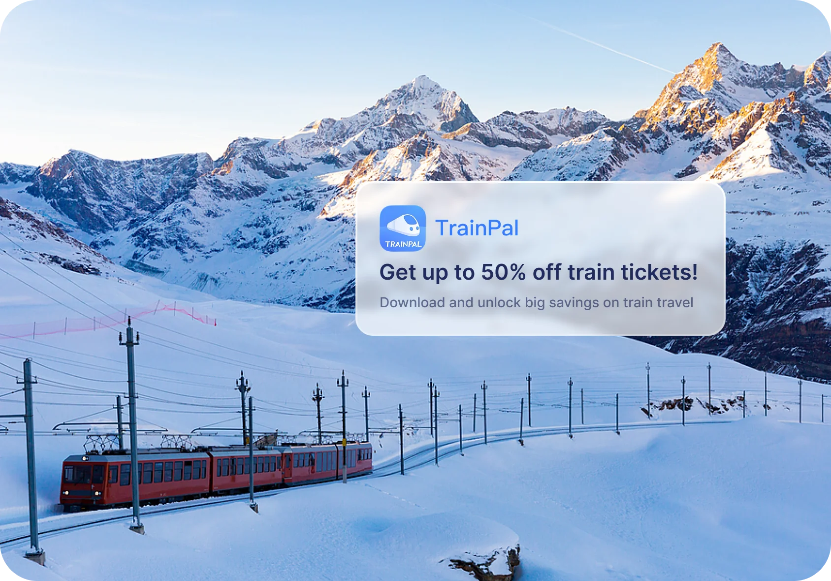 雪山铁路场景中的 TrainPal App 下载价值主张